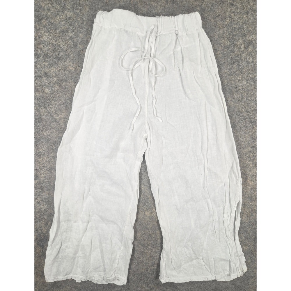 Tempo Paris White Linen Wide Leg Drawstring Crop Pants Womens Size M